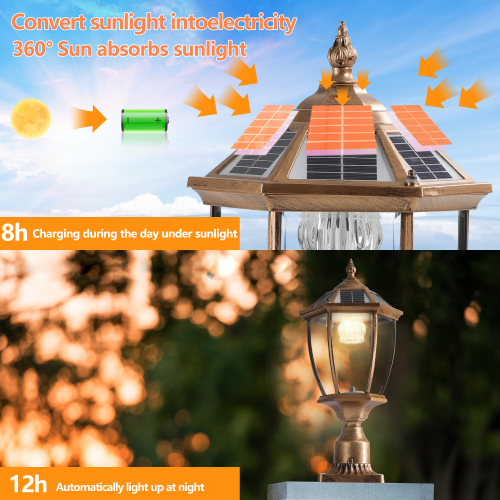 20"(H) Golden Solar Powered LED Outdoor Lantern, Vintage Garden Light with Elegant Glass Design for Pathways, Yards, and Patios (1-Pack)、、eastwooduniform