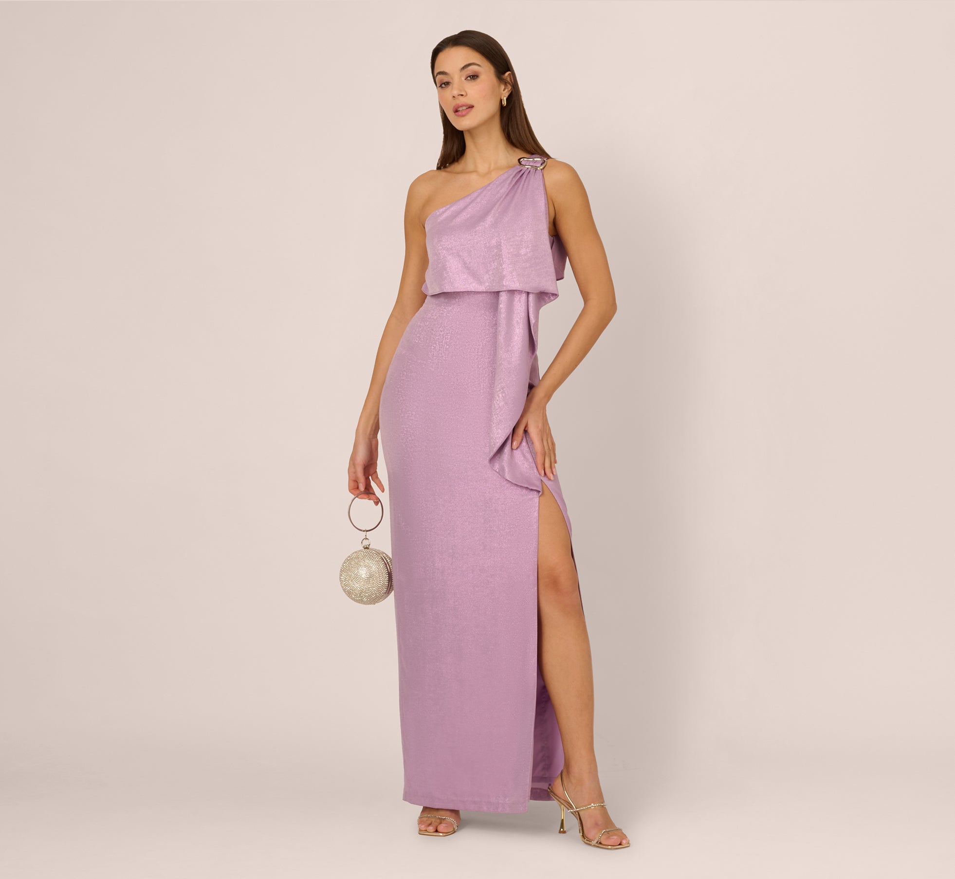 One Shoulder Foil Draped Popover Gown In Light Purple、mySite、solidvoid