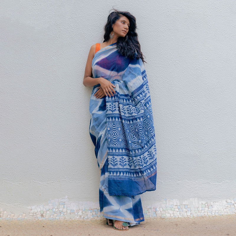 Chanderi Saree | Handblock Print | Blue、mySite、camillekostekn