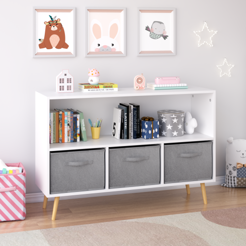 Kids bookcase with Collapsible Fabric Drawers, Children's Book Display, Toy Storage Cabinet Organizer, White/Gray、、casual