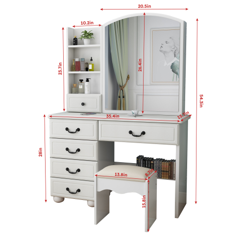 Fashion Vanity Desk with Mirror and Lights for Makeup, Vanity Mirror with Lights and Table Set with 3 Color Lighting Brightness Adjustable, 6 Drawers, White Color、、casual