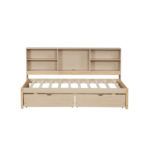 Twin Size Bed Frame With Side Bookshelves, Two Drawers, And Built-in USB Port For Natural Color、、xpatfood