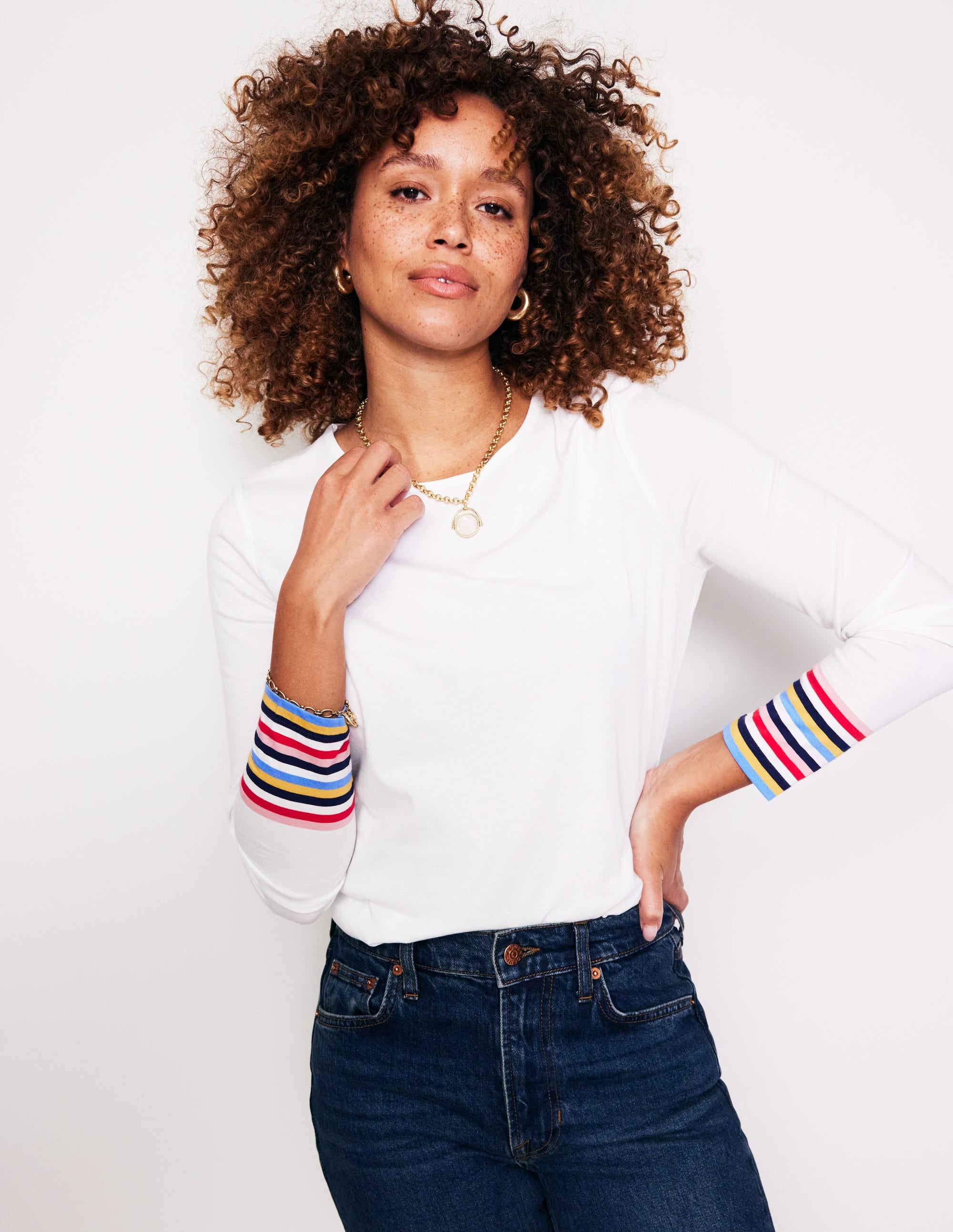  Supersoft Crew Neck Top-White Multi Stripe Cuff、mySite、ashleygrahame