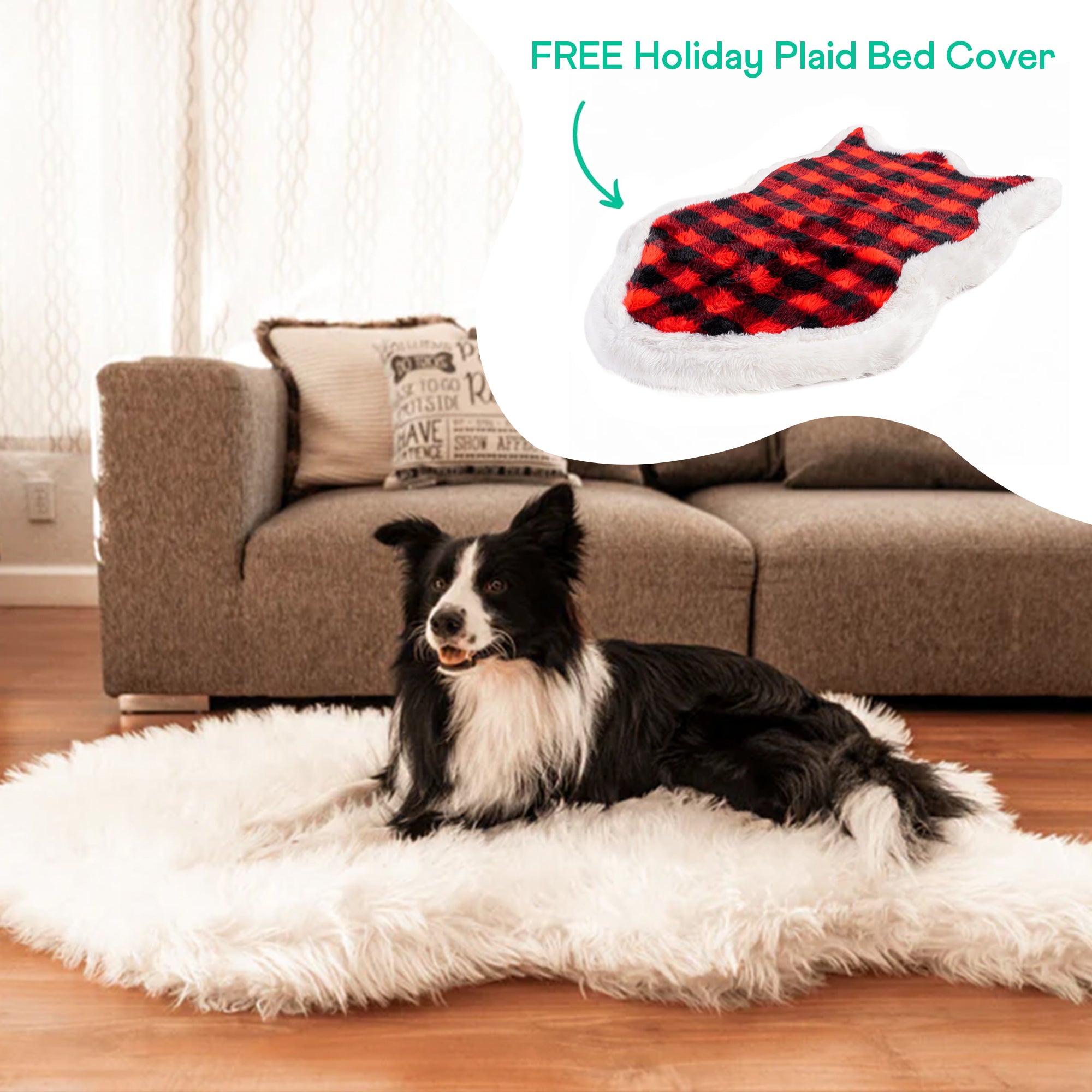 PupRug™ Faux Fur Polar White Orthopedic Dog Bed + FREE Red & Black Plaid Bed Cover、mySite、solidvoid