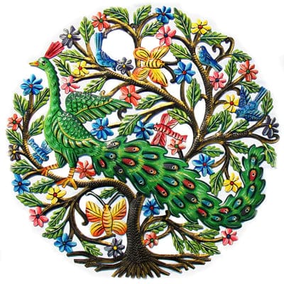 PEACOCK IN TREE PAINTED HAITIAN METAL DRUM WALL ART, 24、mySite、g9winljtr