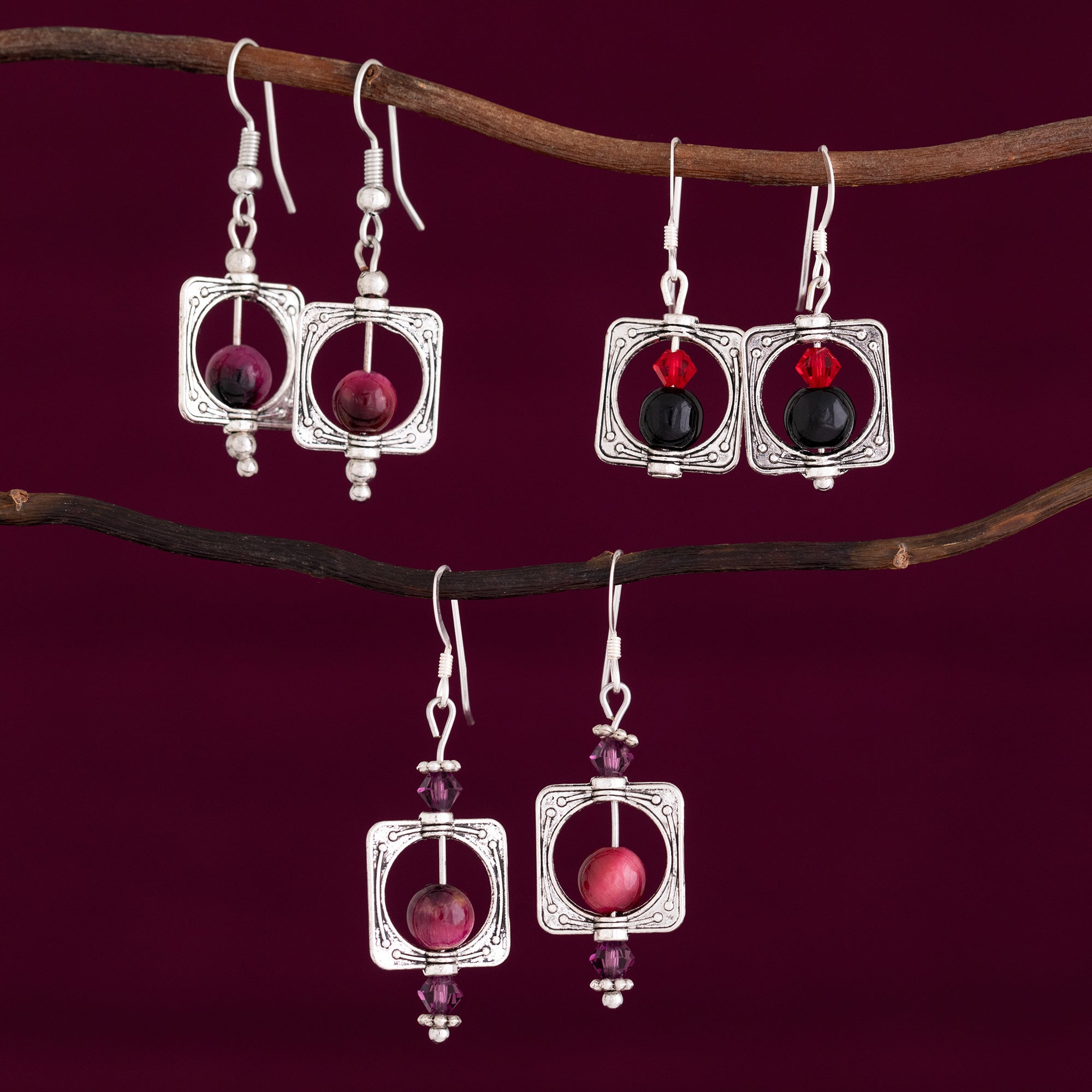 Square & Amethyst Bead Earrings、mySite、camillekostekn