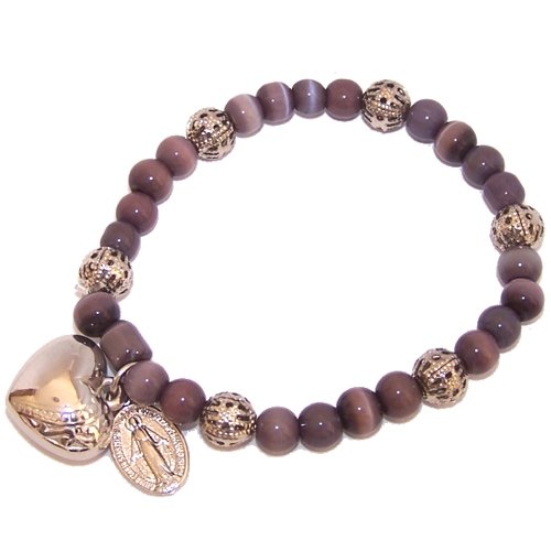 Elastic Cat`s eye beads bracelet with Miraculous medal and heart ( 6mm beads )、mySite、topwebapps