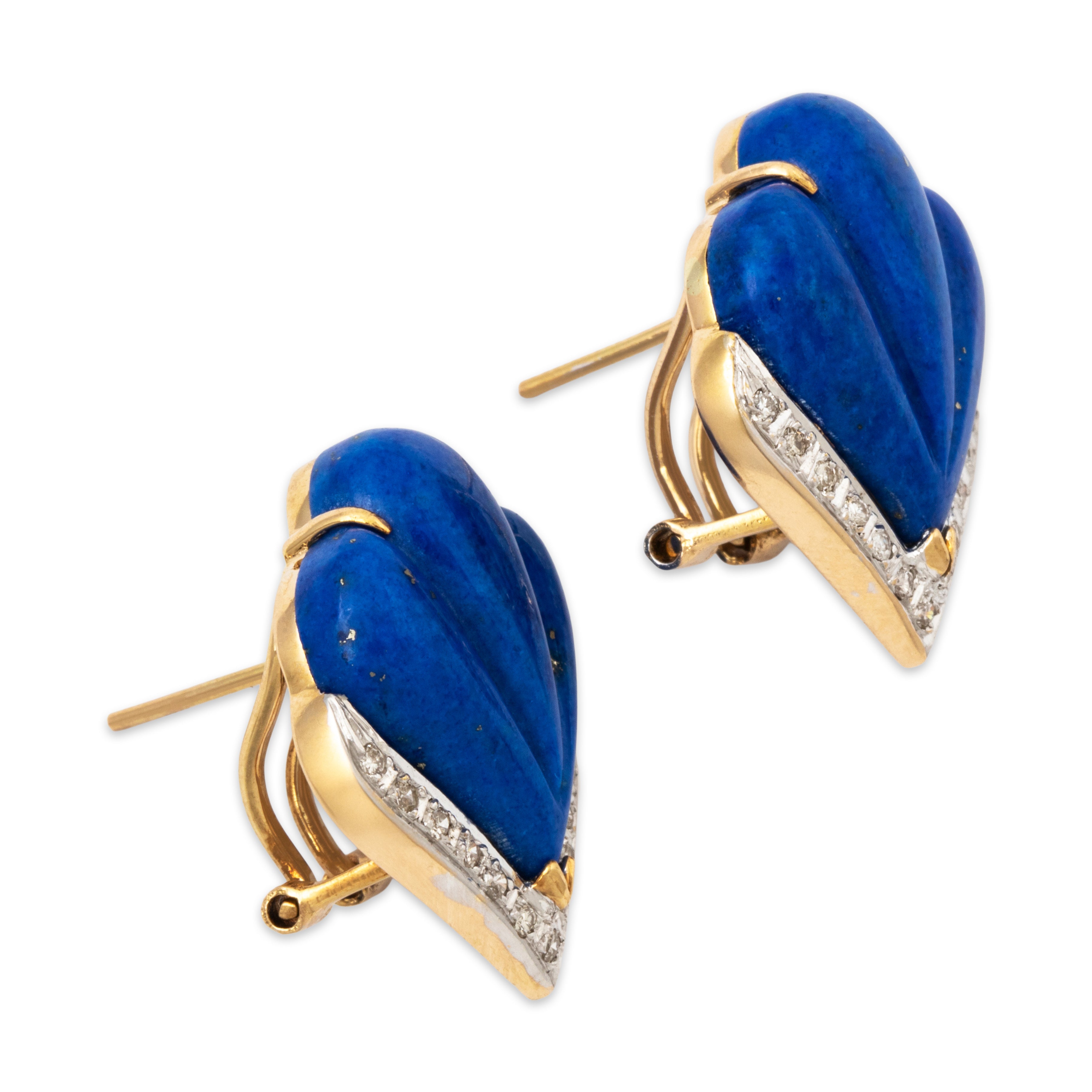 Vintage 14k Yellow Gold Lapis Lazuli Diamond Scalloped Chic Statement Earrings、mySite、hinf8tx79