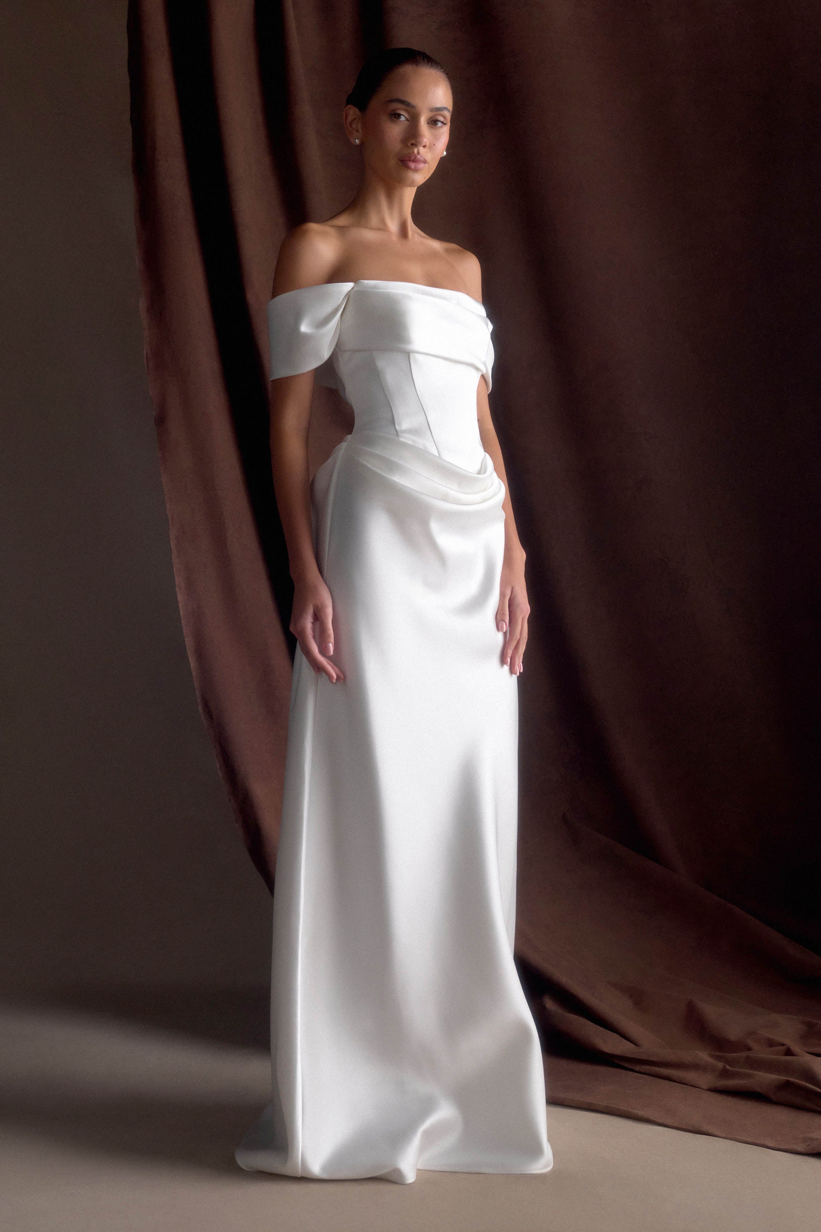 Luna Satin Off Shoulder Gown - White、mySite、solidvoid