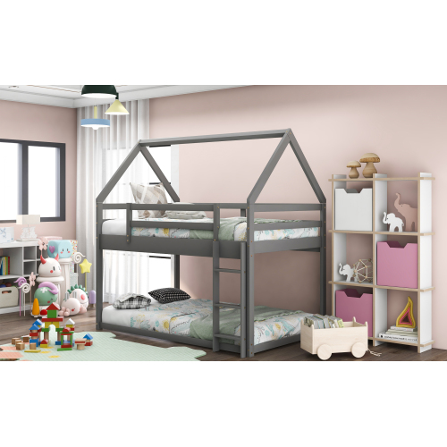 Twin Size Bunk House Bed with Slide and Ladder,White、、casual