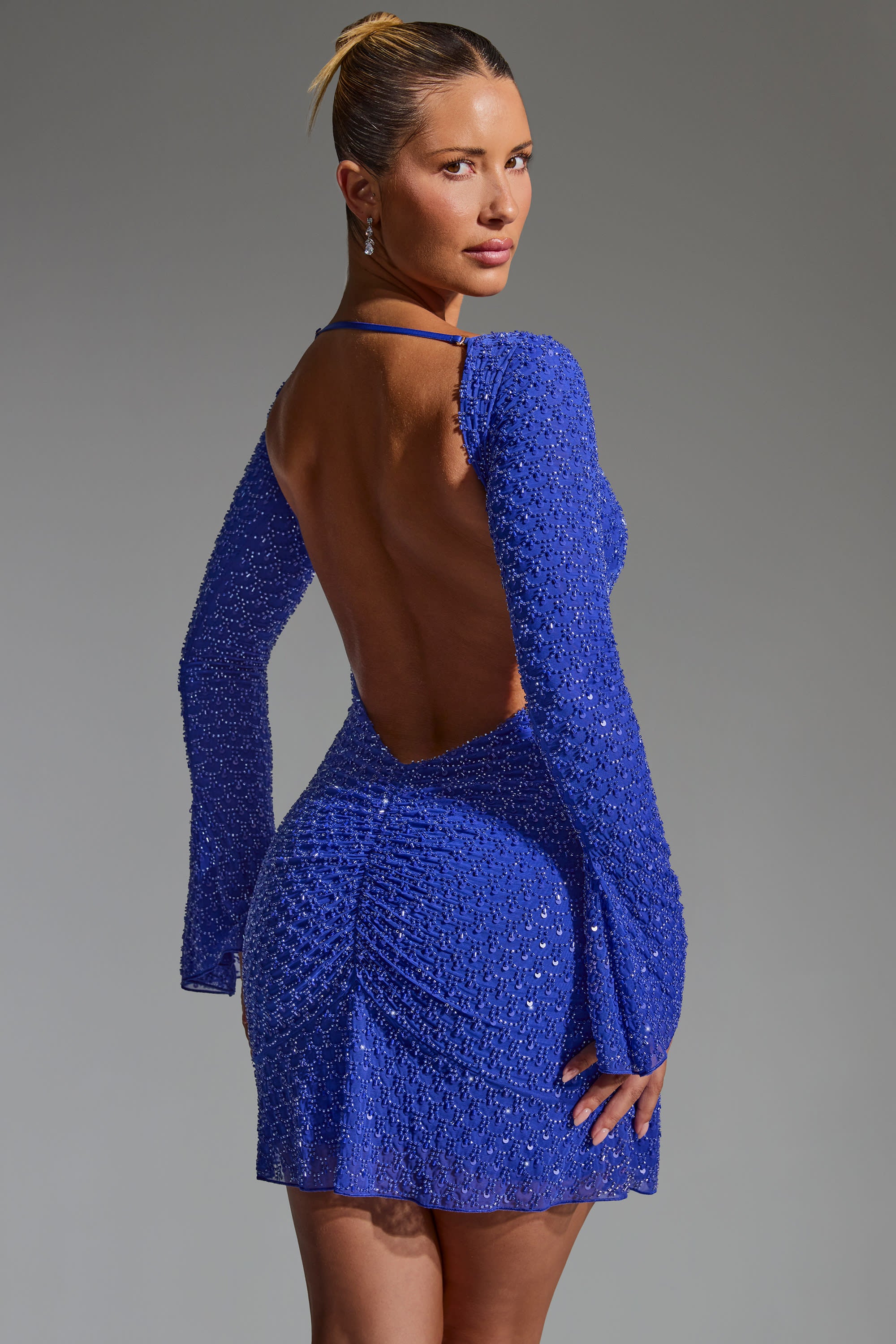 Embellished Open-Back A-Line Mini Dress in Cobalt Blue、mySite、solidvoid