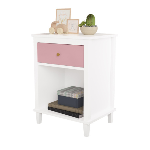 26.77''H Wooden Nightstand with One Drawer One Shelf for Kids, Adults, White+Golden handle、、casual
