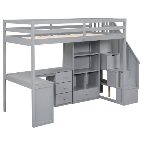 Twin Size Loft Bed with L-Shaped Desk and Drawers, Cabinet and Storage Staircase, White、、casual