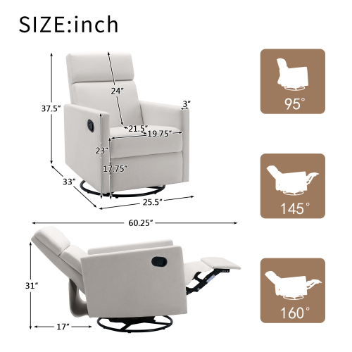 Modern Upholstered Rocker Nursery Chair Plush Seating Glider Swivel Recliner Chair, Gray、、casual