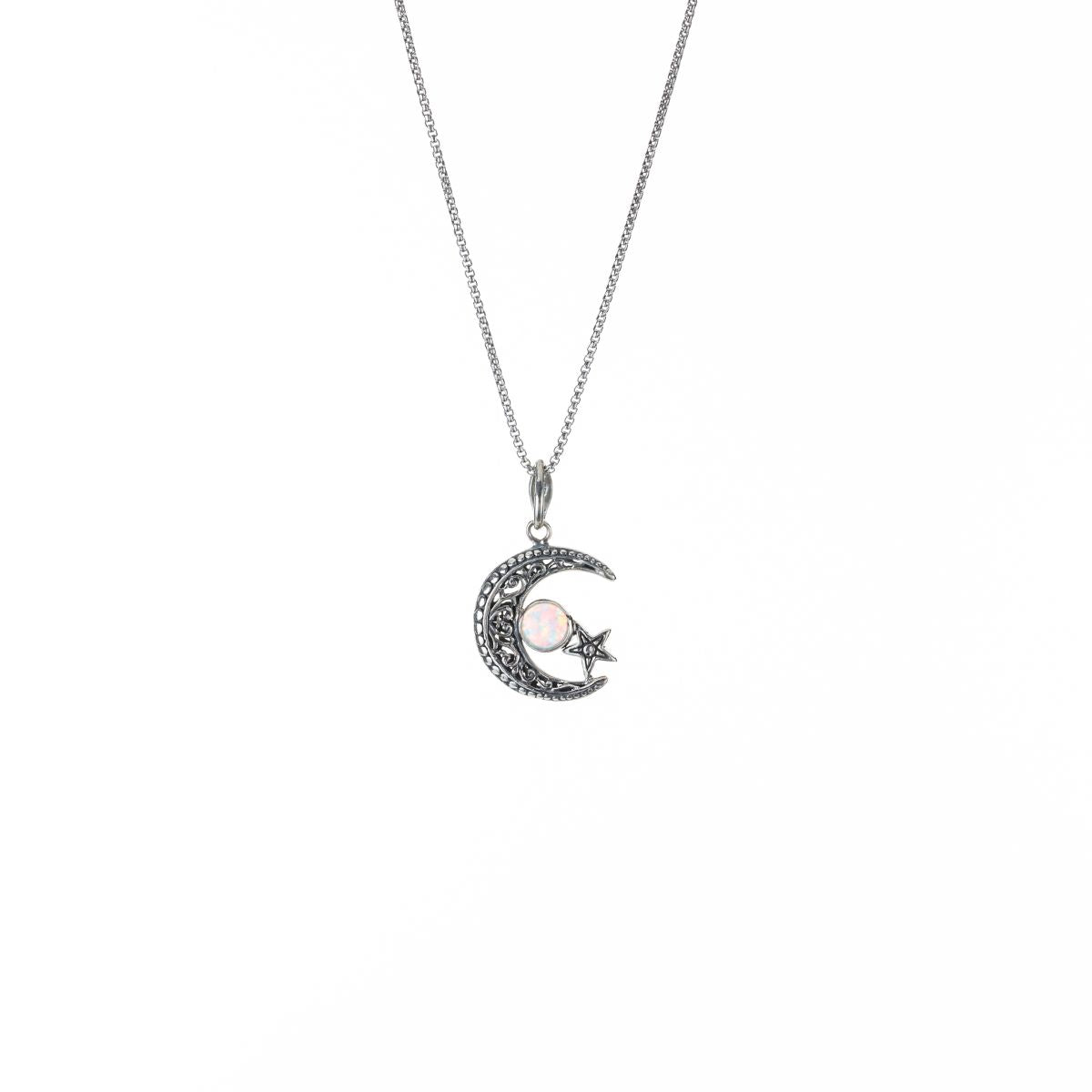 Silver Crescent Moon and Star Pendant Necklace with Opal、mySite、topwebapps