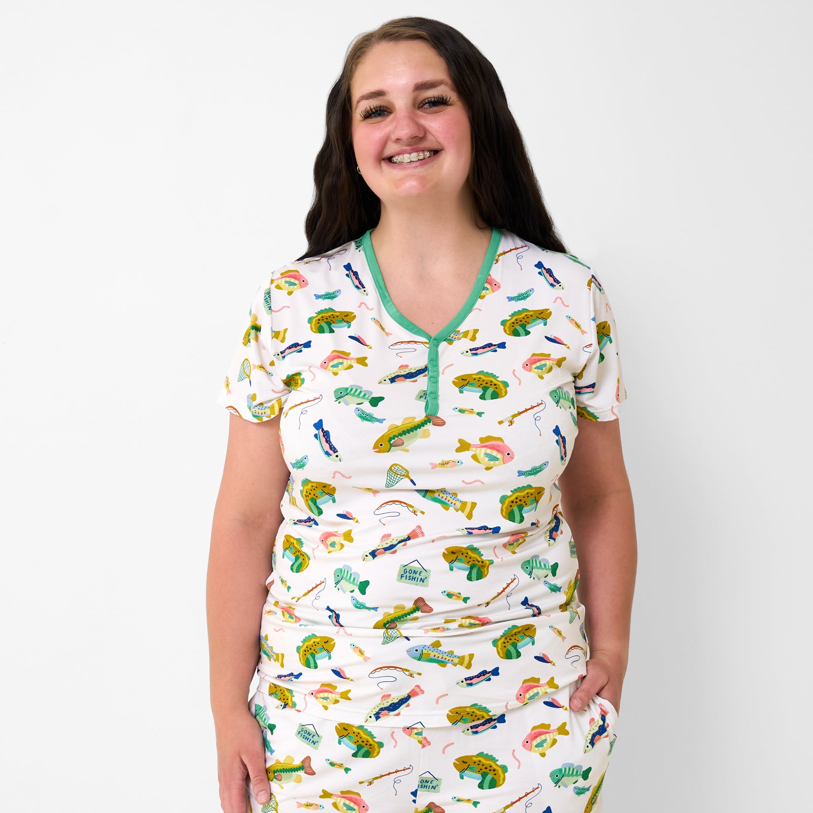 Gone Fishin' Women's Short Sleeve Pajama Top、mySite、g9winljtr