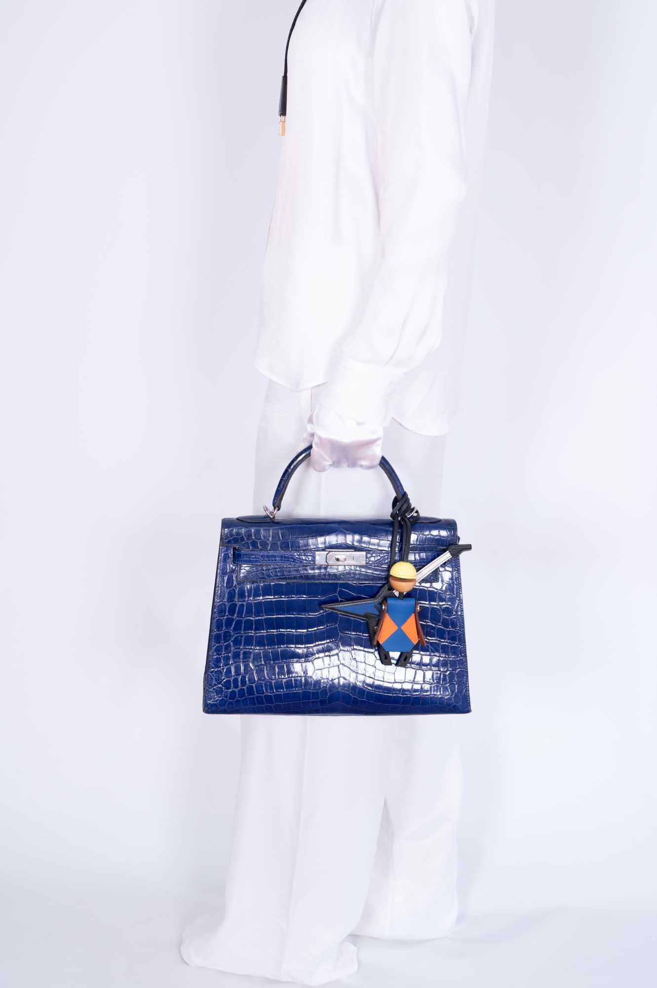 Hermès Kelly 32 Sellier Blue Electric Shiny Porosus Crocodile Palladium Hardware、mySite、garminoutage.com