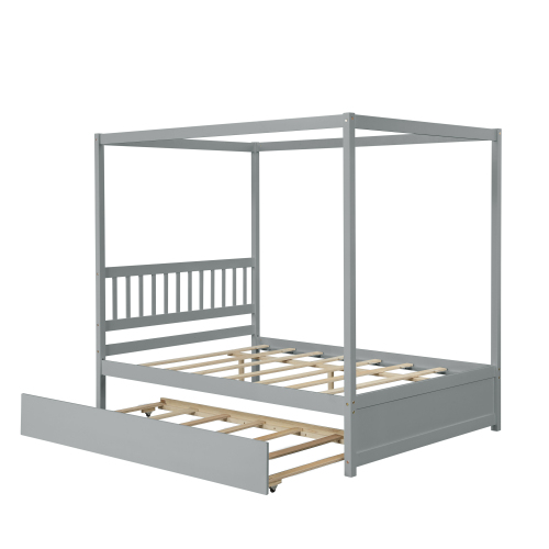 Full Size Canopy Bed with Twin Trundle, Kids Solid Wood Platform Bed Frame w/ Headboard, No Box Spring Needed Grey Color、、xpatfood