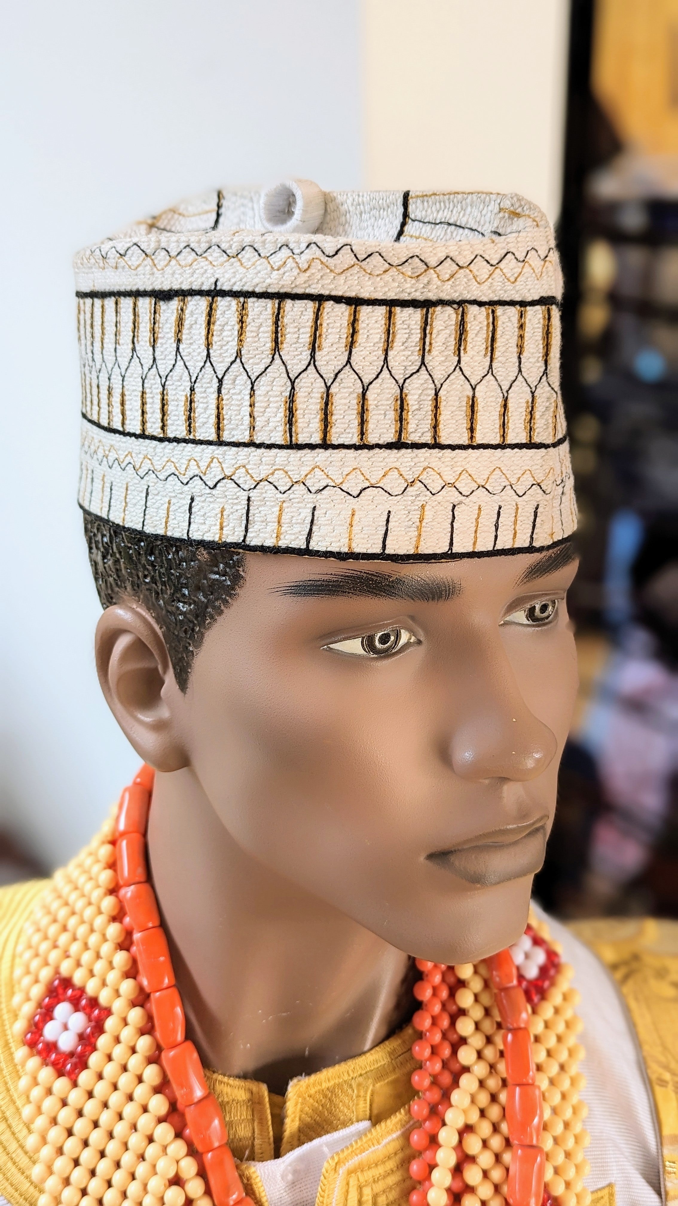 Shaha Off-White African Handwoven Hausa Mallam Nigerian Hat Kufi Cap-DPHOWMH3、mySite、solidvoid