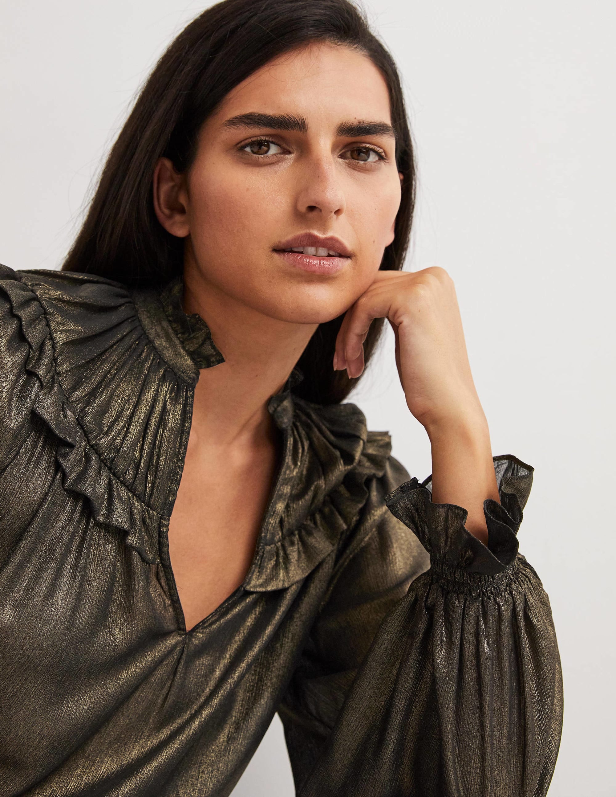  Gold Ruffle Collar Metallic Top-Gold、mySite、ashleygrahame