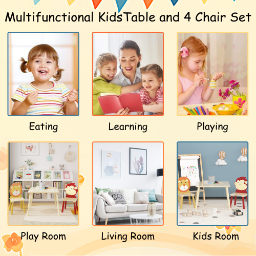 Kids Table and 2 Chairs Set, 3 Pieces Toddler Table and Chair Set, Wooden Activity Play Table Set (Lion&Monkey)、、casual