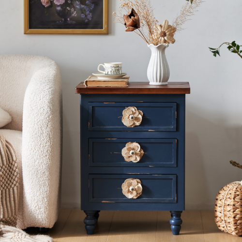 Vintage Farmhouse End Table with Floral Knobs – 19" Rustic Nightstand with 3 Drawers & Gourd Legs,Bedside or Sofa Accent Table, Almost Fully Assembled, Blue、、xpatfood