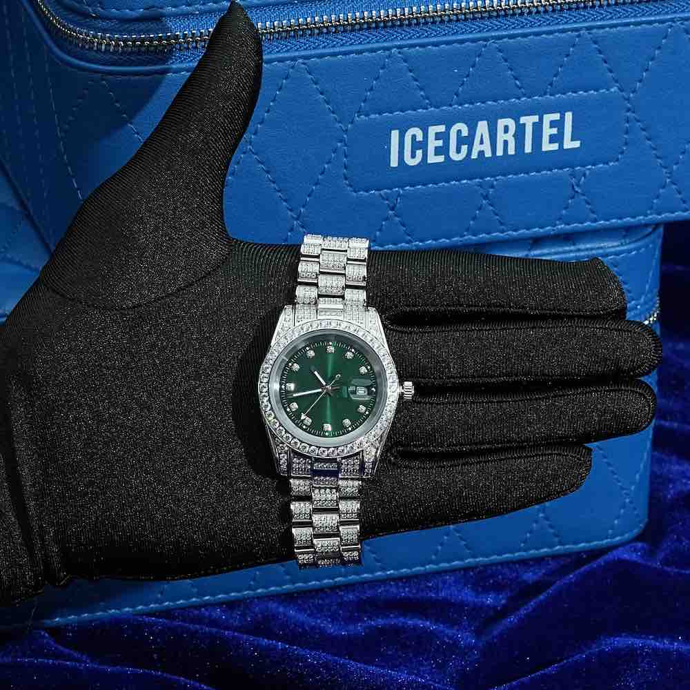 Moissanite Presidential Watch | Green Face | 41MM | 13.3CT Iced Out | 14K White Gold、mySite、hinf8tx79