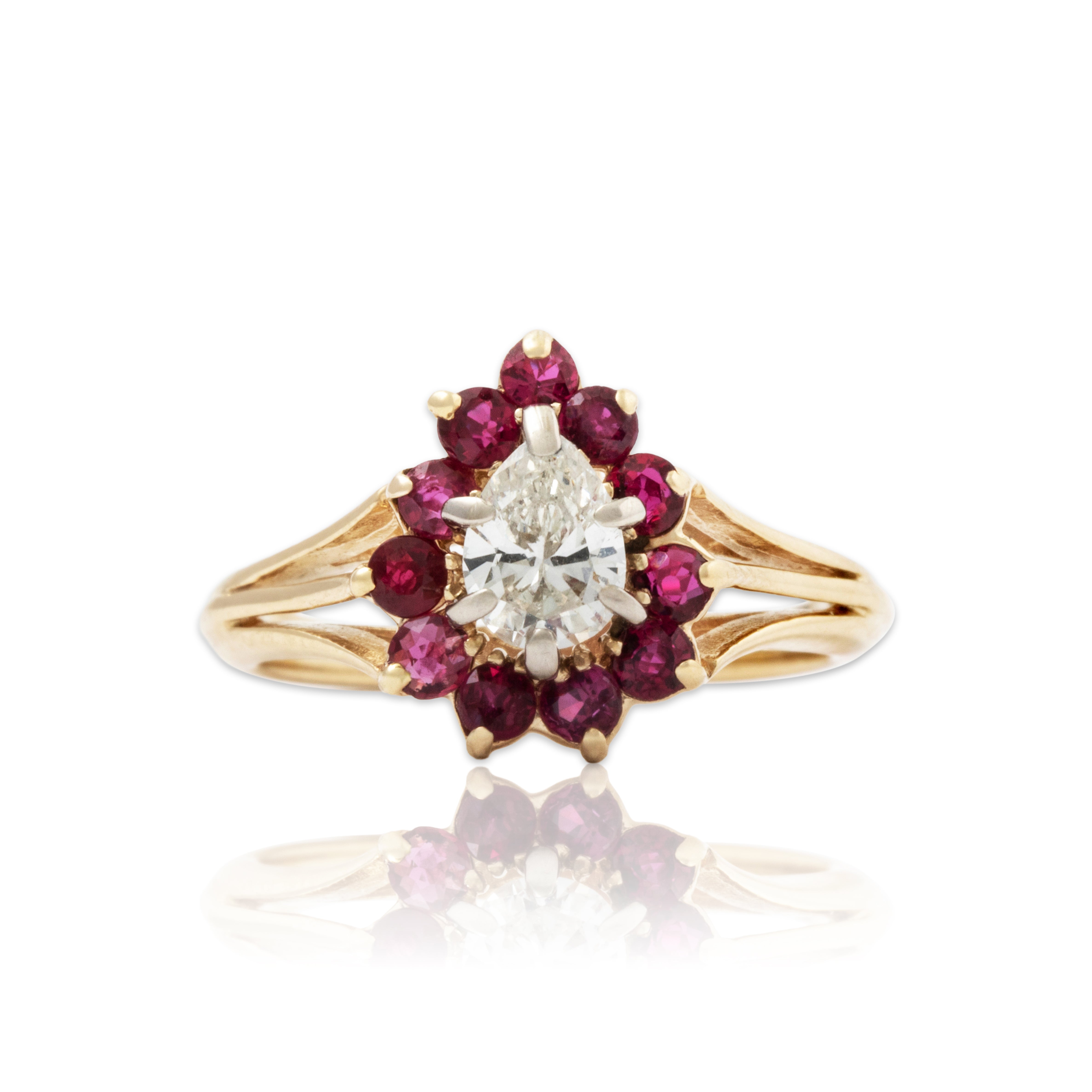 Vintage 14k Yellow Gold .44ct Diamond Ruby Haloed Teardrop Ring 4.25、mySite、hinf8tx79