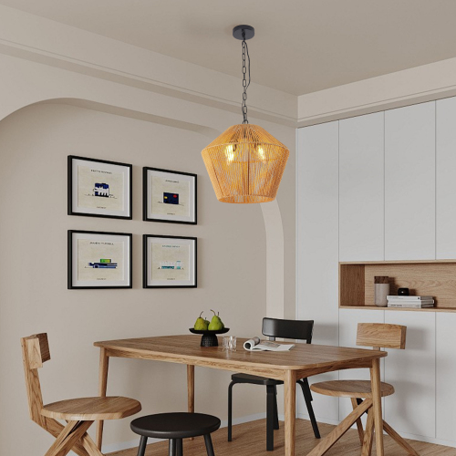 17" Boho Hemp Rope Pendant Light, Handcrafted Farmhouse Hanging Light Fixture for Kitchen Island, Dining Room, or Bedroom, Natural Finish, Adjustable Height (Bulb Not Included)、、eastwooduniform