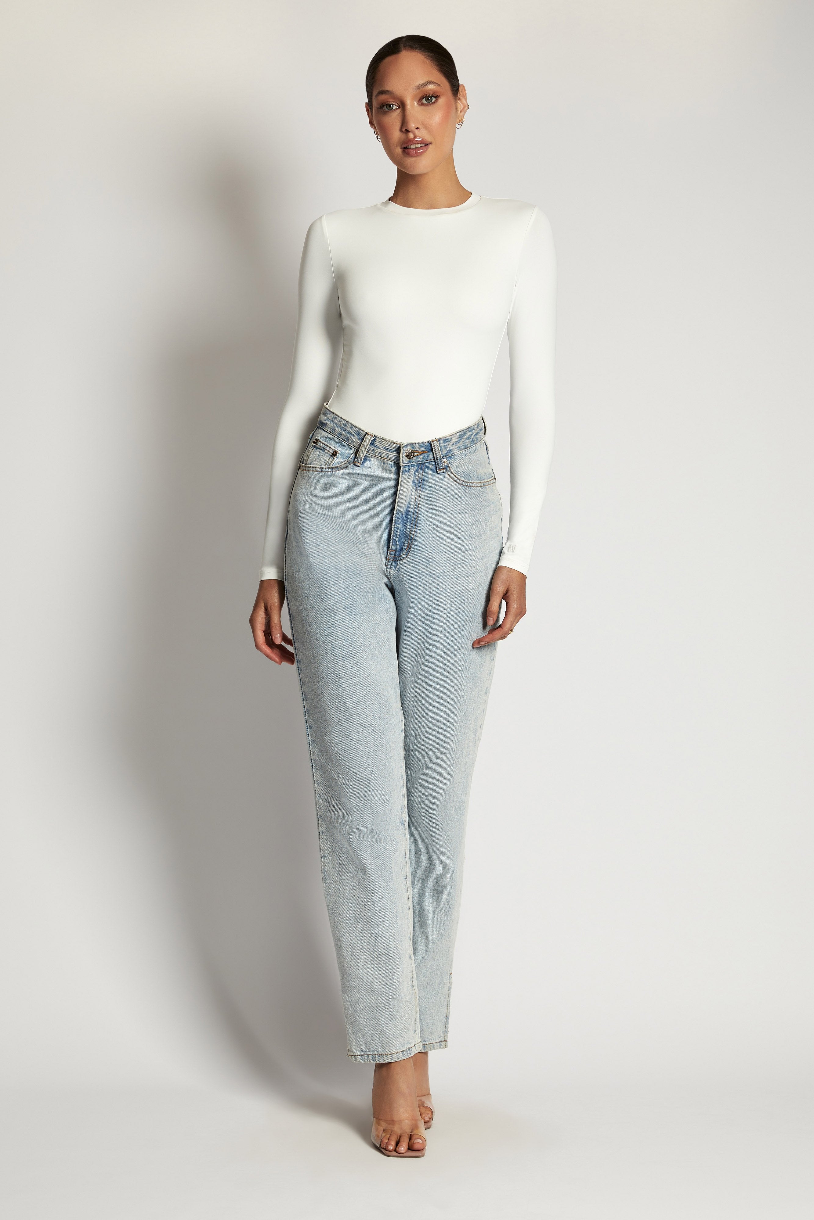 Delilah Long Sleeve Crew Neck Bodysuit - White、mySite、solidvoid