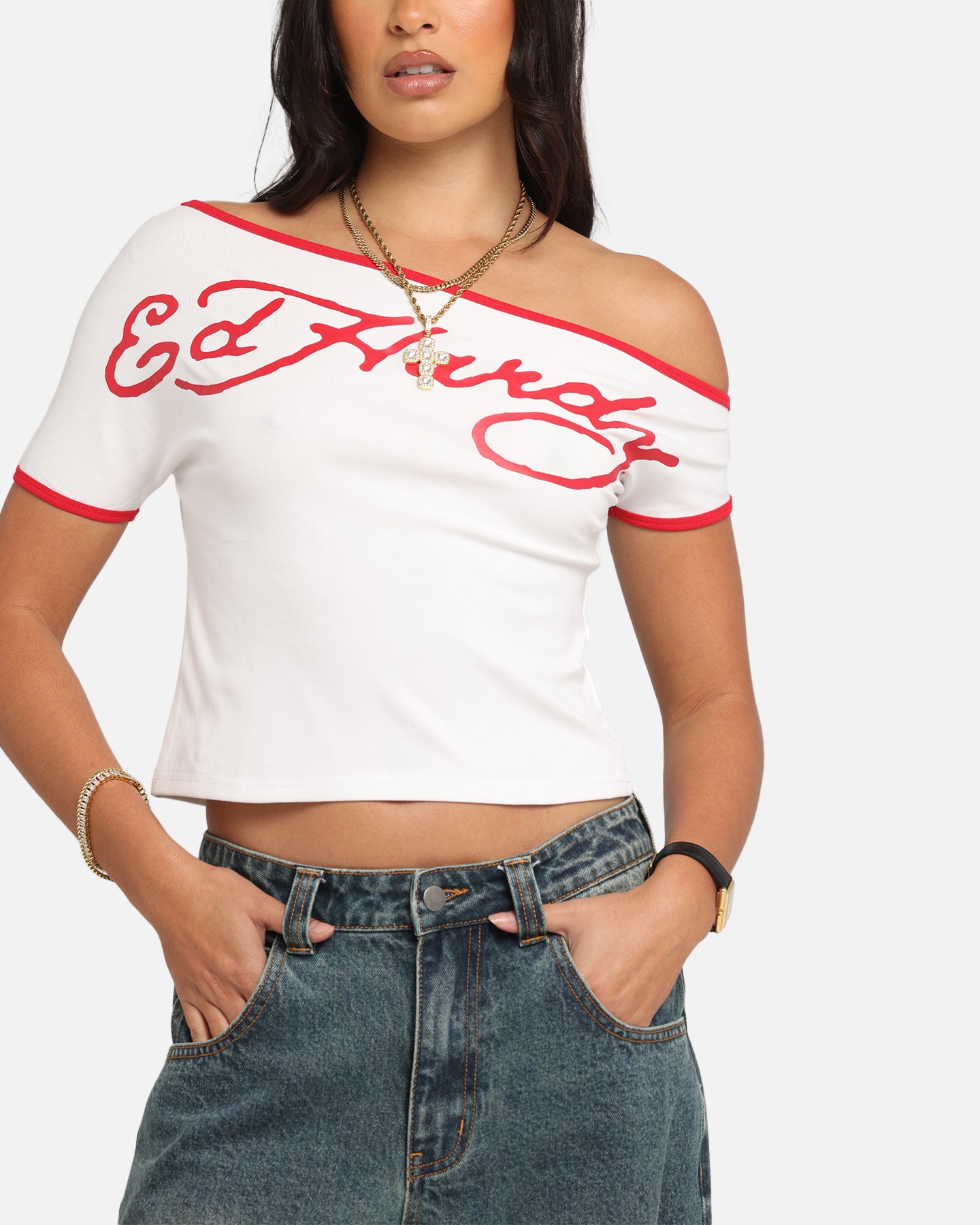 Ed Hardy Women's Aline Baby T-Shirt Off White/Red、mySite、zt4zffjzw