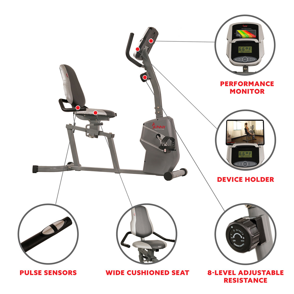  Magnetic Recumbent Exercise Bike w/ Easy Adjustable Seat, Device Holder, RPM and Pulse Rate、mySite、ghnorth