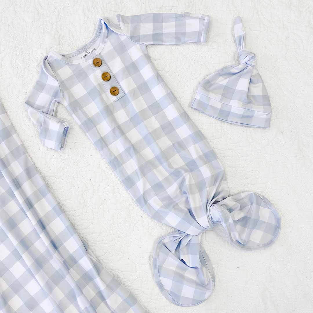  Dusty Blue Gingham Newborn Baby Knot Gown & Hat Set、mySite、layawaytickets