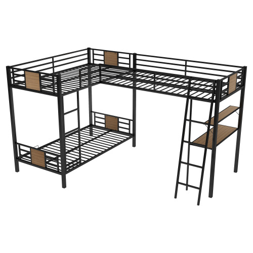 L-Shaped Twin over Twin Bunk Bed with Twin Size Loft Bed with Desk and Shelf ,Brown、、casual