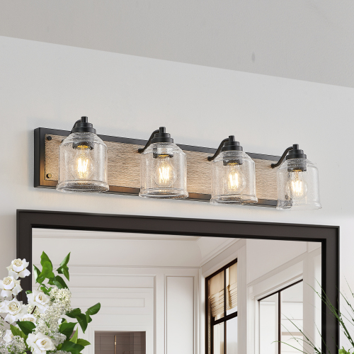 40&quot; Farmhouse Vanity Light Fixture, 5-Light Bathroom Wall Sconce with Clear Seeded Glass Shades, Black and Wood Grain Finish, Modern Industrial Design for Bathroom or Powder Room (No Bulbs)、、eastwooduniform