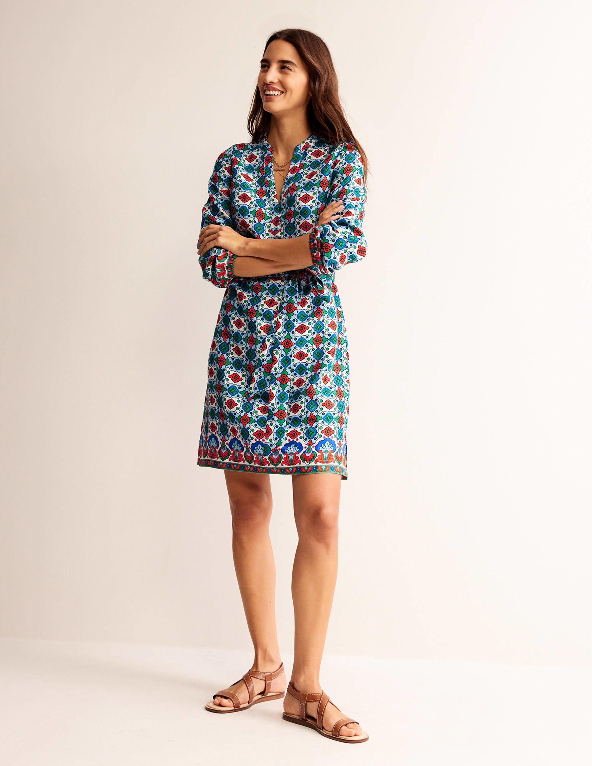  Cleo Tie Waist Linen Dress-Multi, Coastal Tile、mySite、ashleygrahame