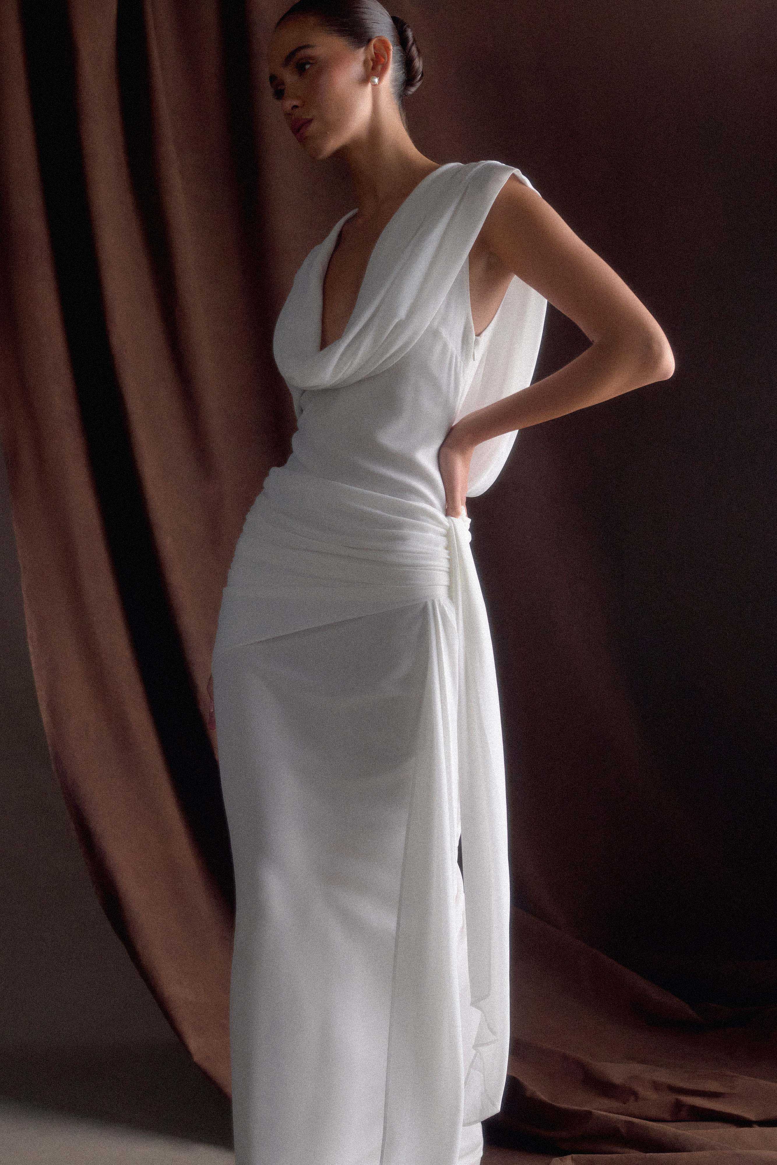 Giulia Chiffon Draped Maxi Dress - White、mySite、solidvoid