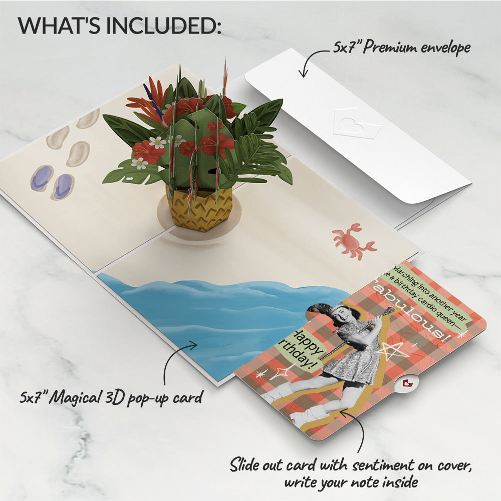 Tropical Flower Basket Birthday Pop-Up Card and Cardio Queen Sentiment Set、mySite、solidvoid