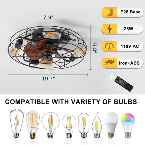 Caged Ceiling Fan With Light, 20'' farmhouse Low Profile Ceiling fan Lights With Remote Control, Modern Enclosed 4x E26 Bulb Ceiling Fans With Reversible Motor Living Room Bedroom Kitchen, Black、、eastwooduniform