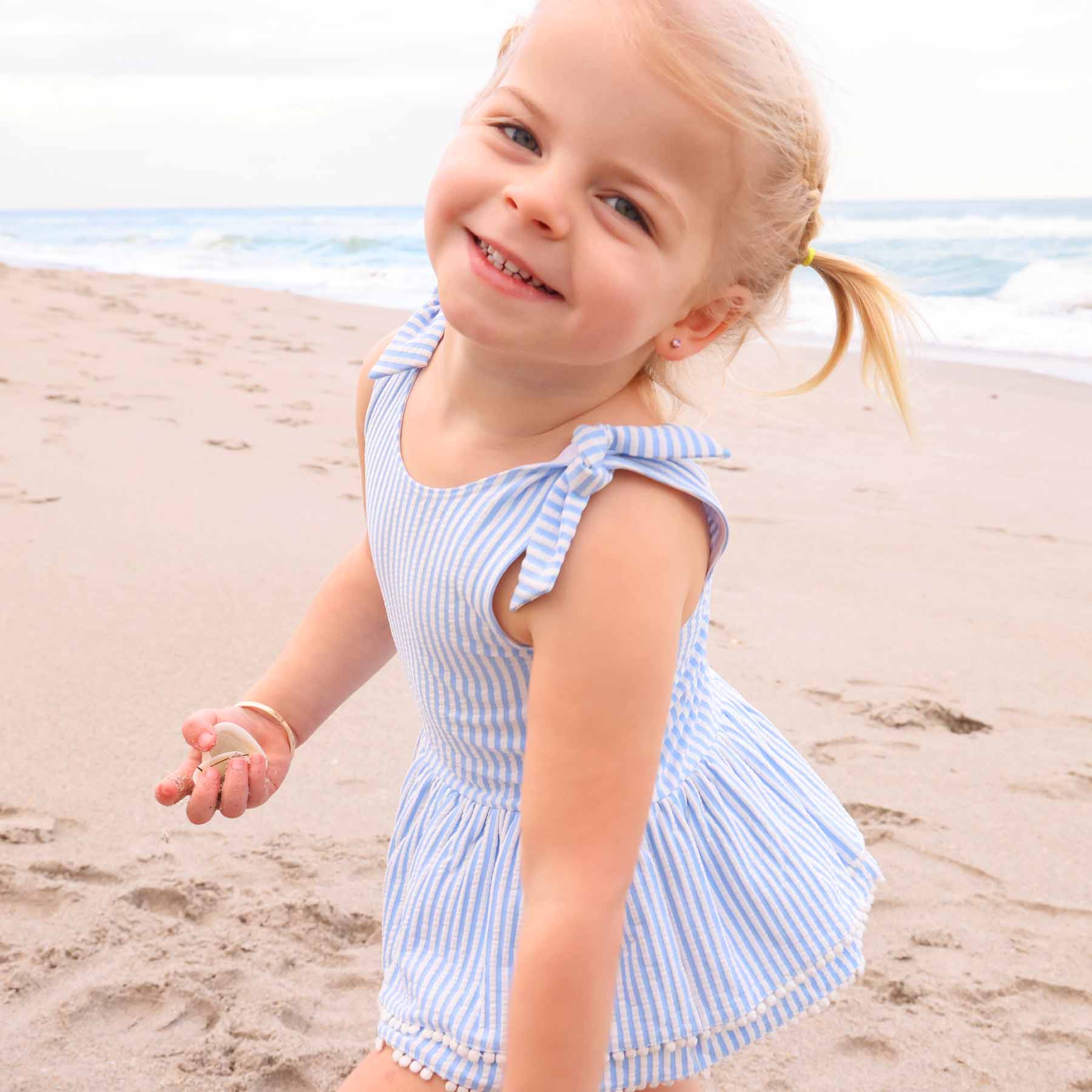  Tiered Skirt with White Pom Trim | Seersucker Blue、mySite、layawaytickets