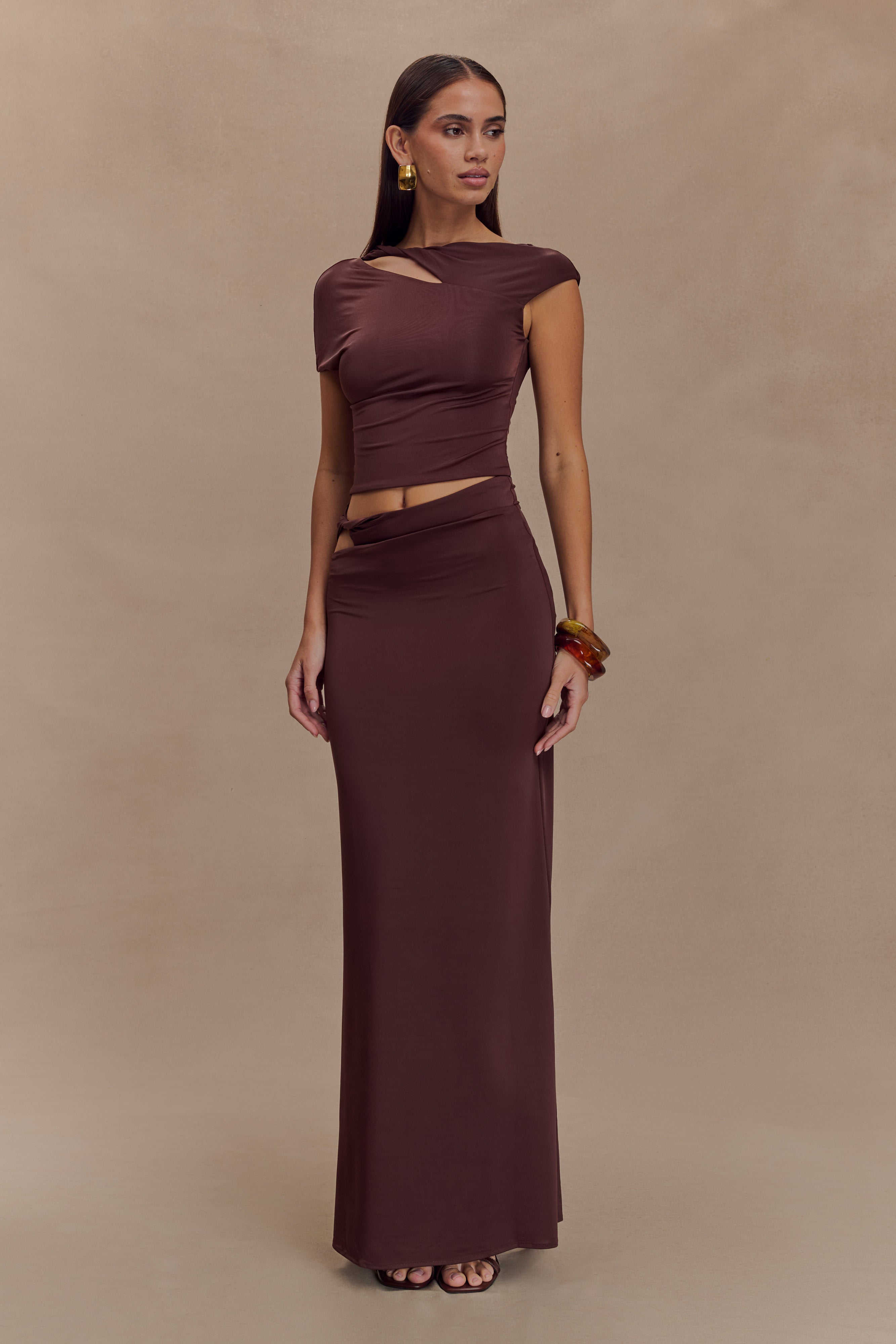 Haven Slinky Twist Midi Skirt - Chocolate、mySite、solidvoid