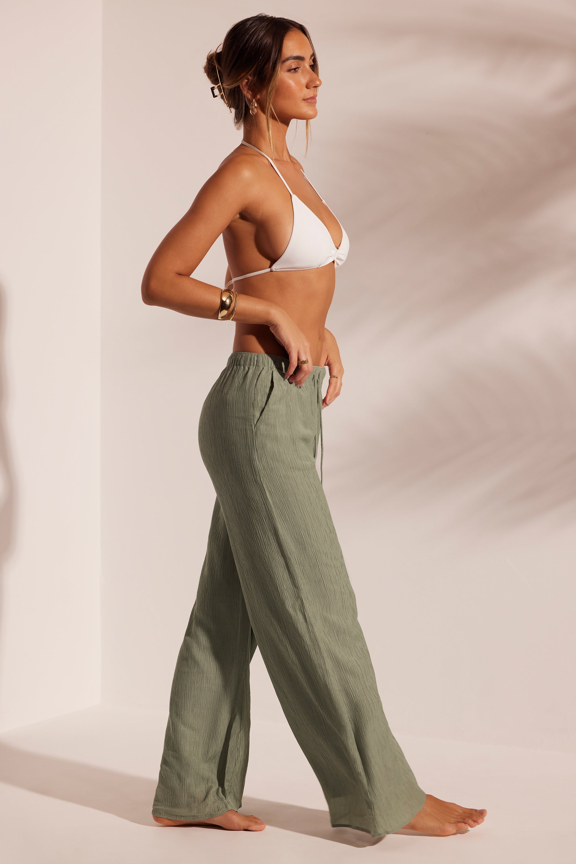 Crinkle Textured Beach Trousers in Light Green、mySite、solidvoid