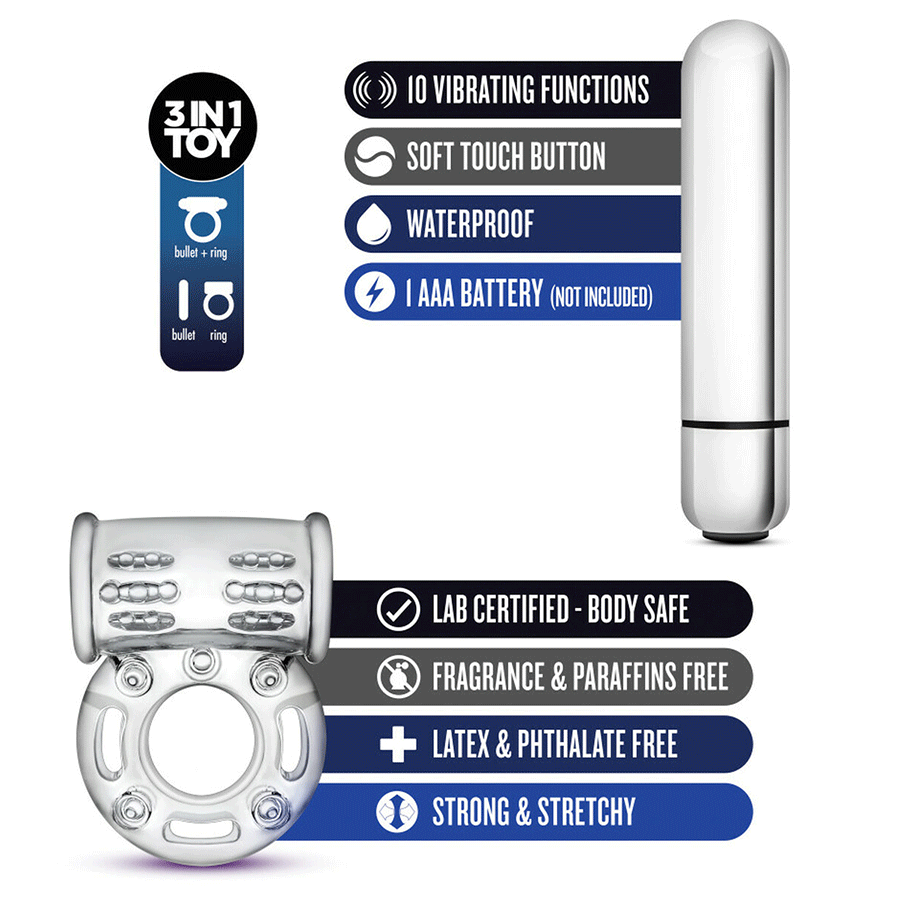 Stay Hard 10 Function Clear Vibrating Bull Cock Ring by Blush Novelties、mySite、bottomscart