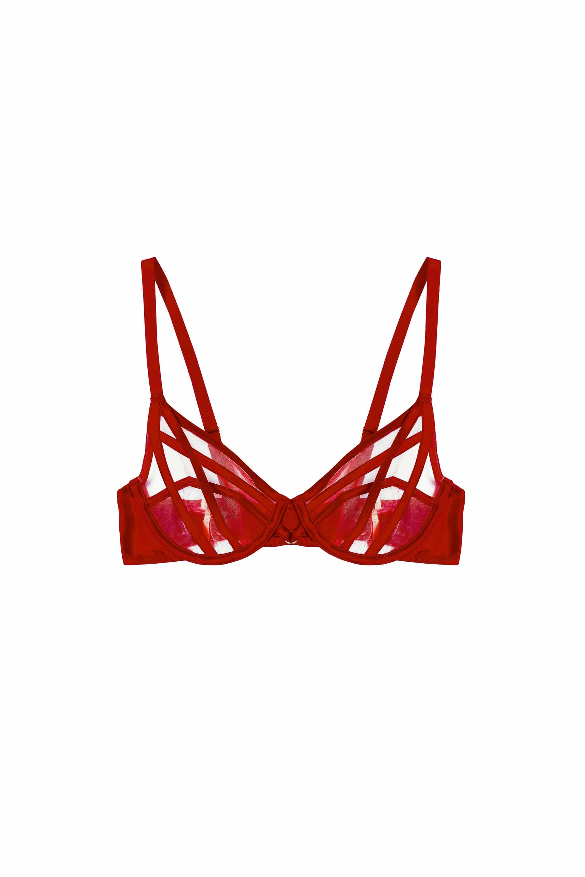 Ramona Ruby Red Strap Detail Illusion Sheer Plunge Bra、mySite、bengalsvssteelers