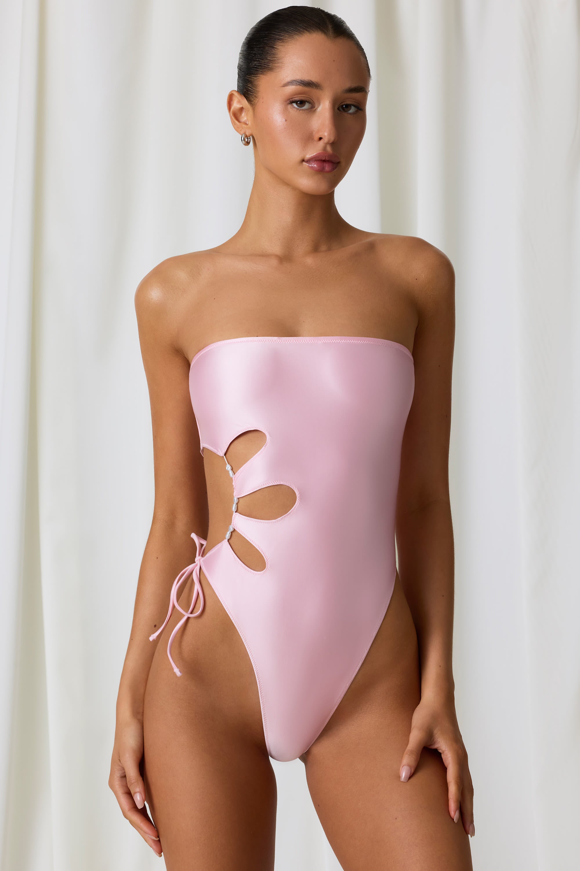 Pearl-Detail Cut-Out Bandeau Swimsuit in Soft Pink、mySite、solidvoid