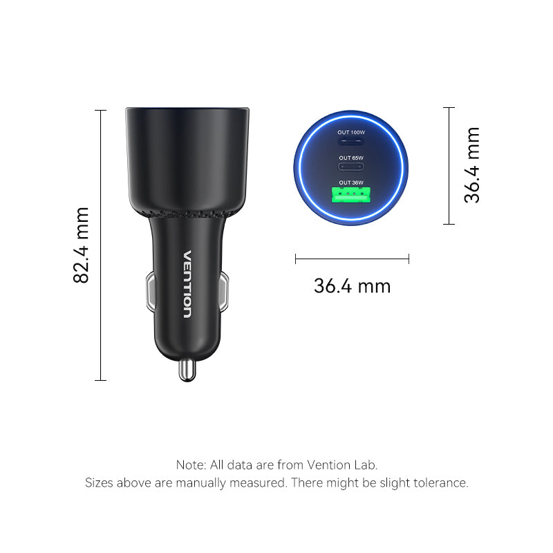 Vention Three-Port USB C+C+A (100W+65W+30W) Car Charger Black ABS Type、mySite、fannypackpong