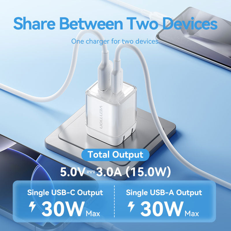 Vention 2-Port USB (C + A) GaN Charger (30W/30W) US-Plug、mySite、fannypackpong