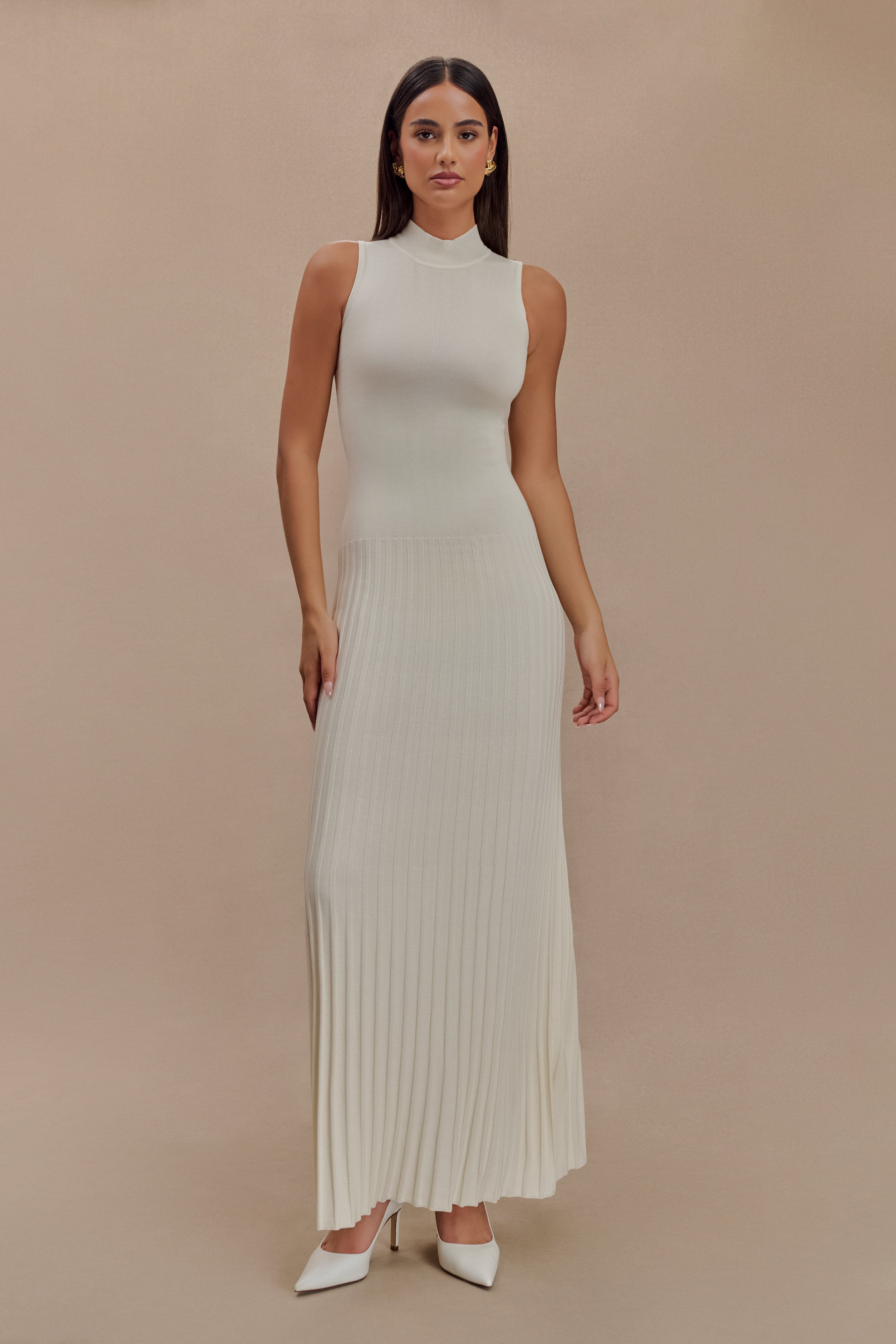 Mavis High Neck Pleated Maxi Dress - Ivory、mySite、solidvoid