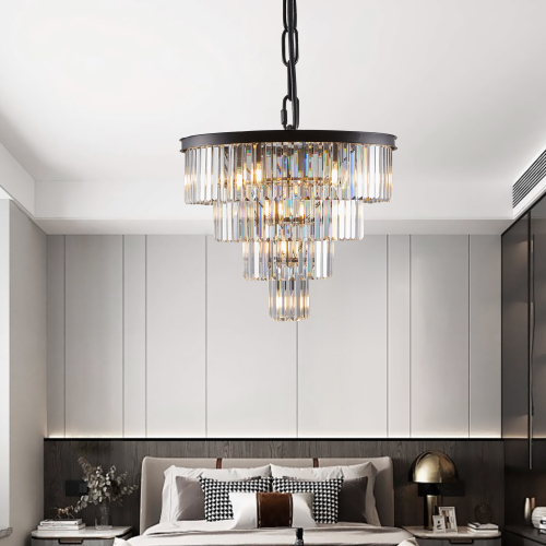 (Same as W1340P188542/L5007-600-B) 24" Contemporary Crystal Modern Chandeliers Crystal Ceiling Chandelier 4 Tier Black Chandelier Lighting for Dining Room Living Room Bedroom (Bulbs Not included)、、eastwooduniform