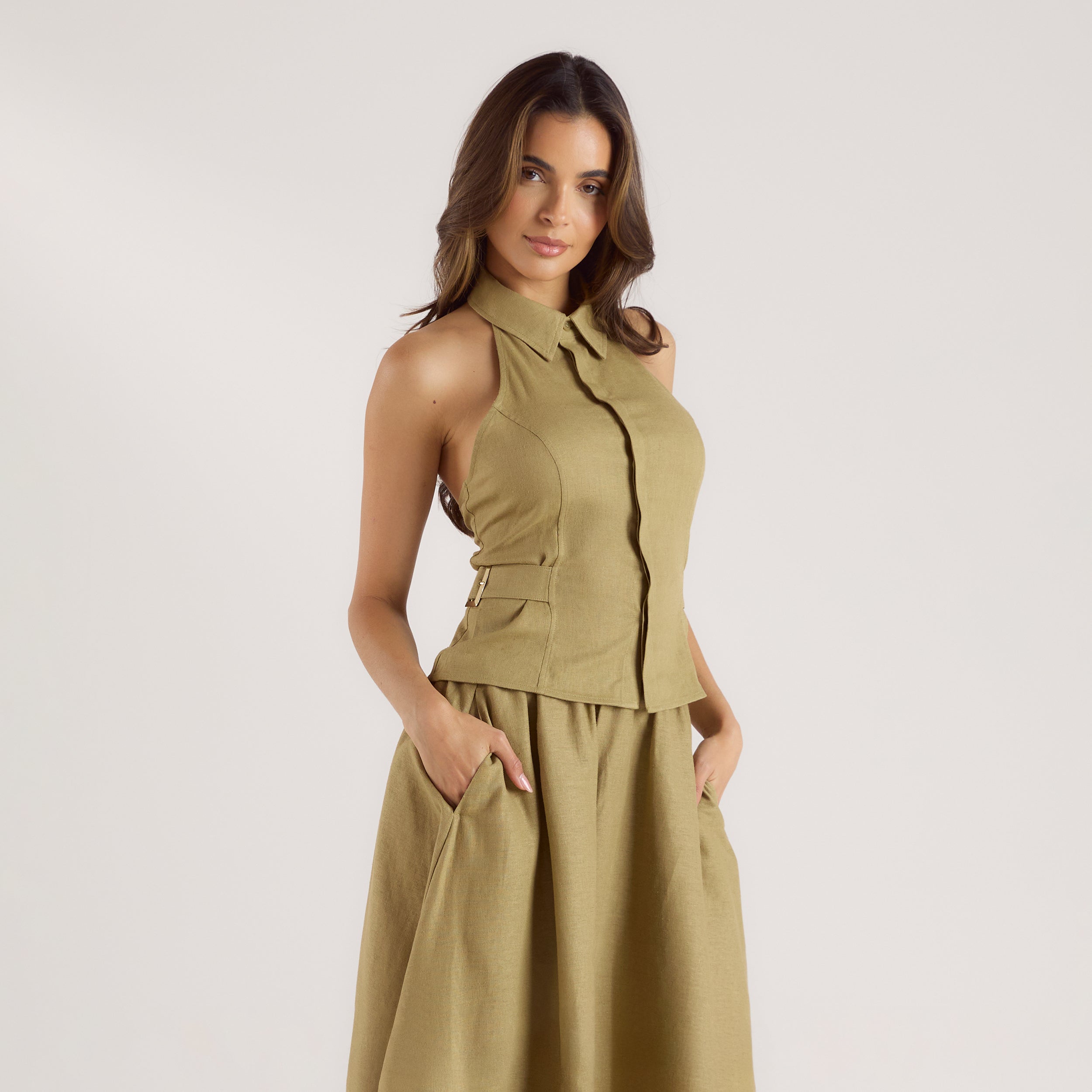 Linen Blend Halter Top - Pistachio、mySite、bengalsvssteelers